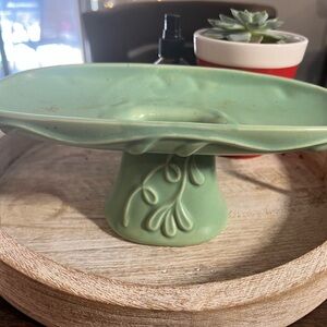 Vintage Green Ceramic Pedestal Floral Centerpiece Bowl